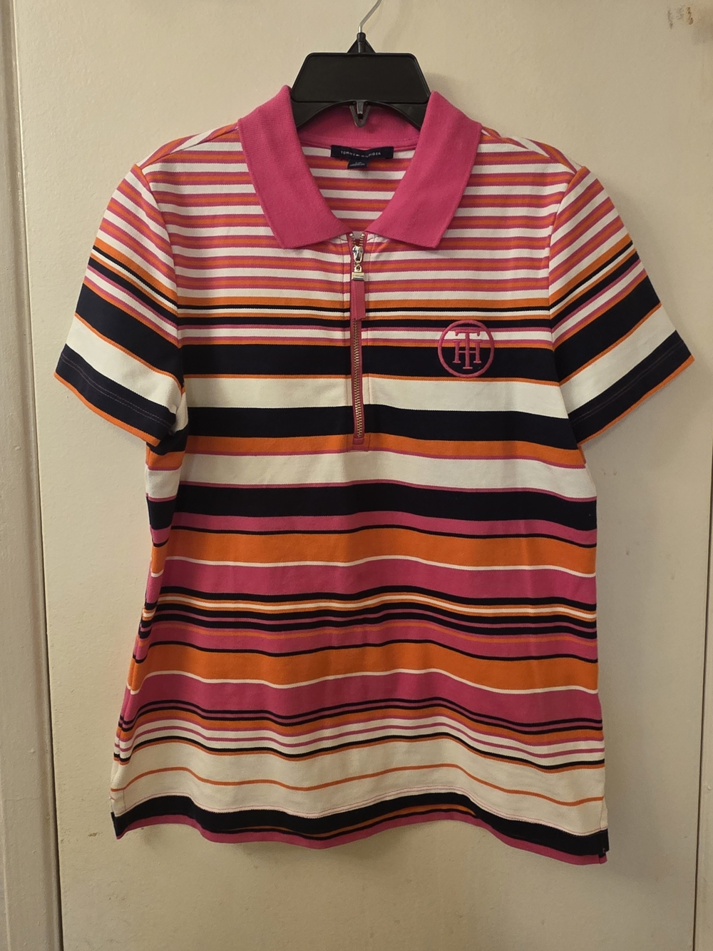 Tommy Hilfiger Pink Orange Navy Striped Zip Polo